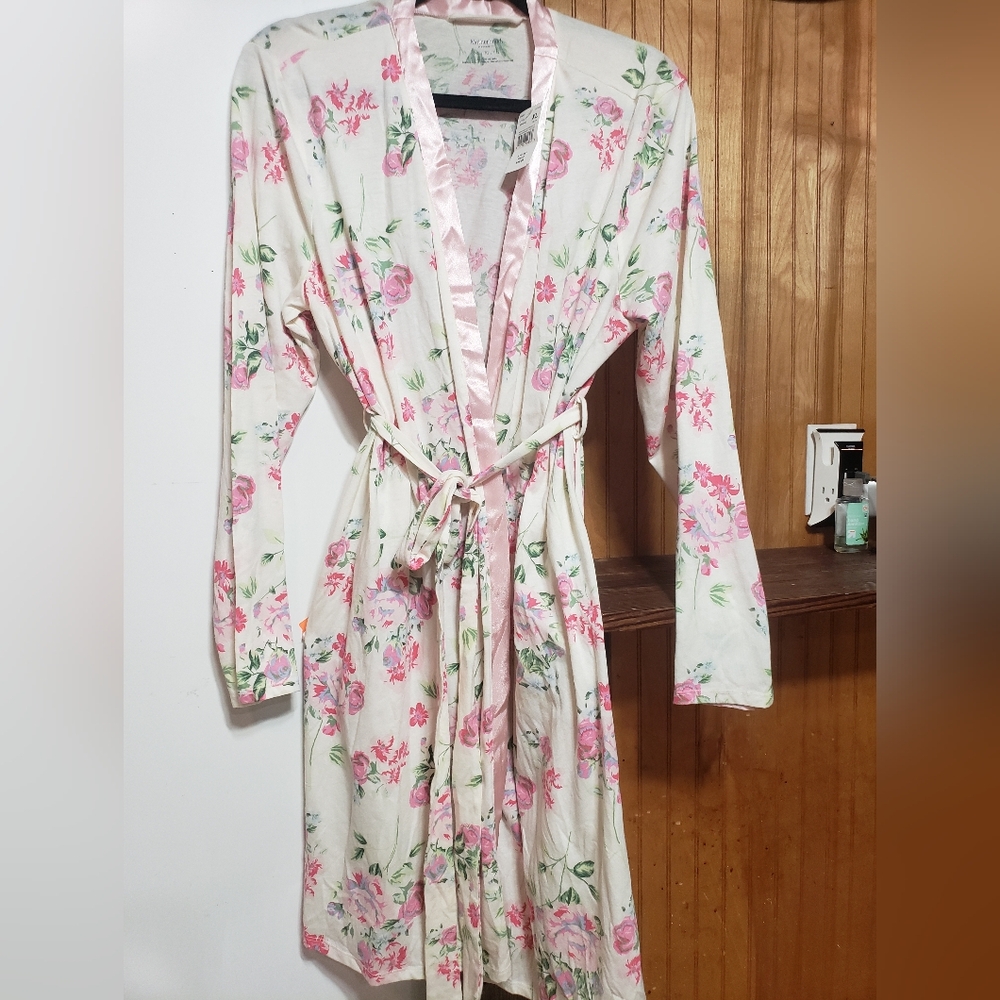 Motherhood XL Pink Floral Robe With Pink Satin Trim Belted 60 Per Cotton